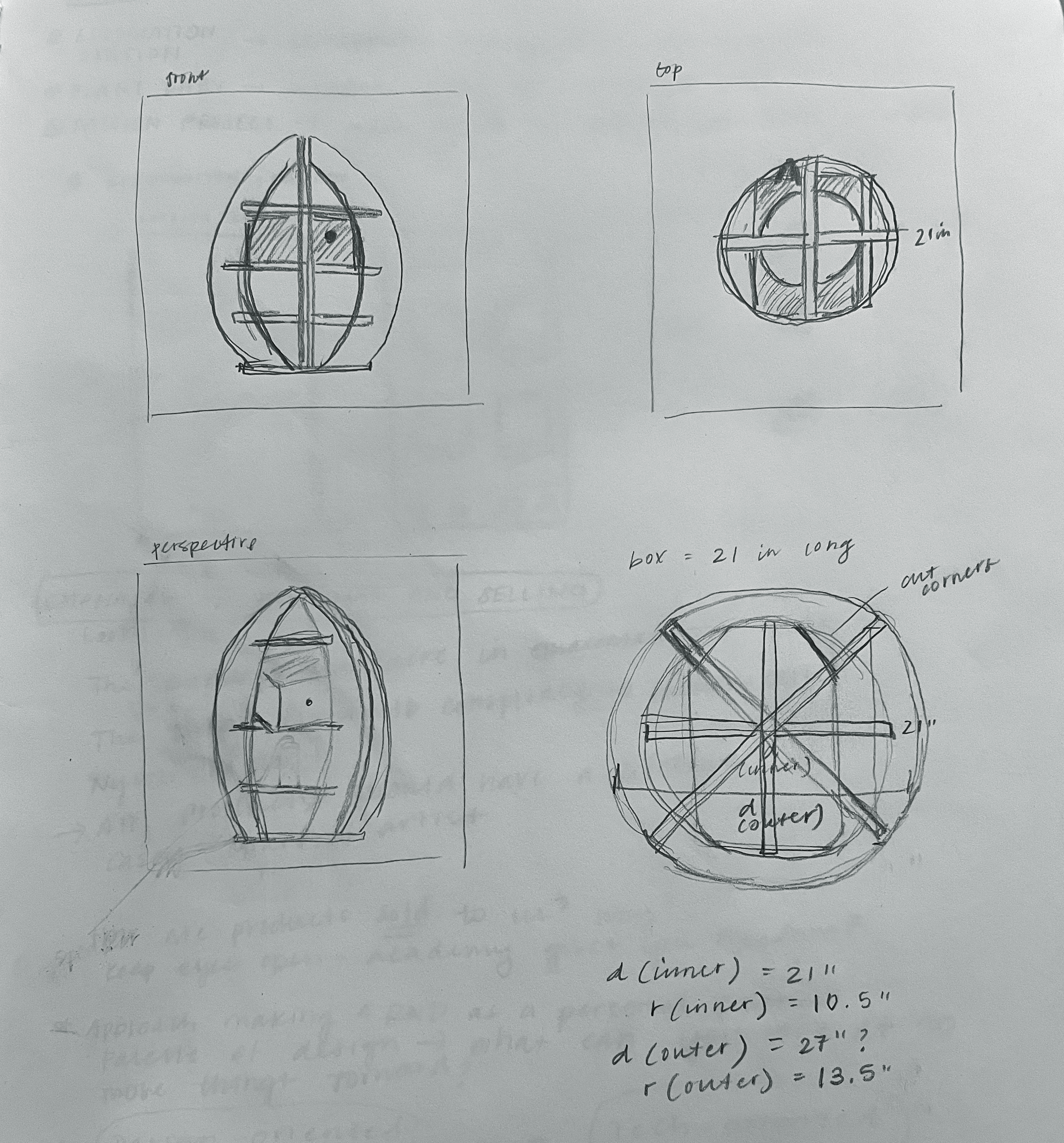 Drawing of plans for building and construction of an egglike structure.